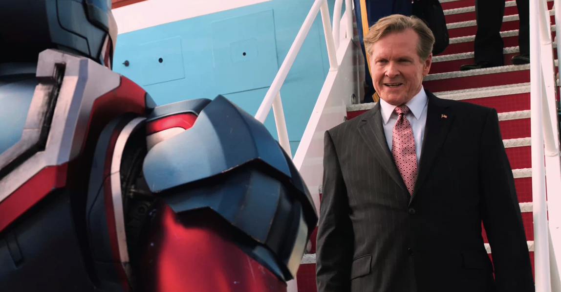 President Ellis in Iron Man 3 greeting Iron Patriot who is actually Savin in disguise