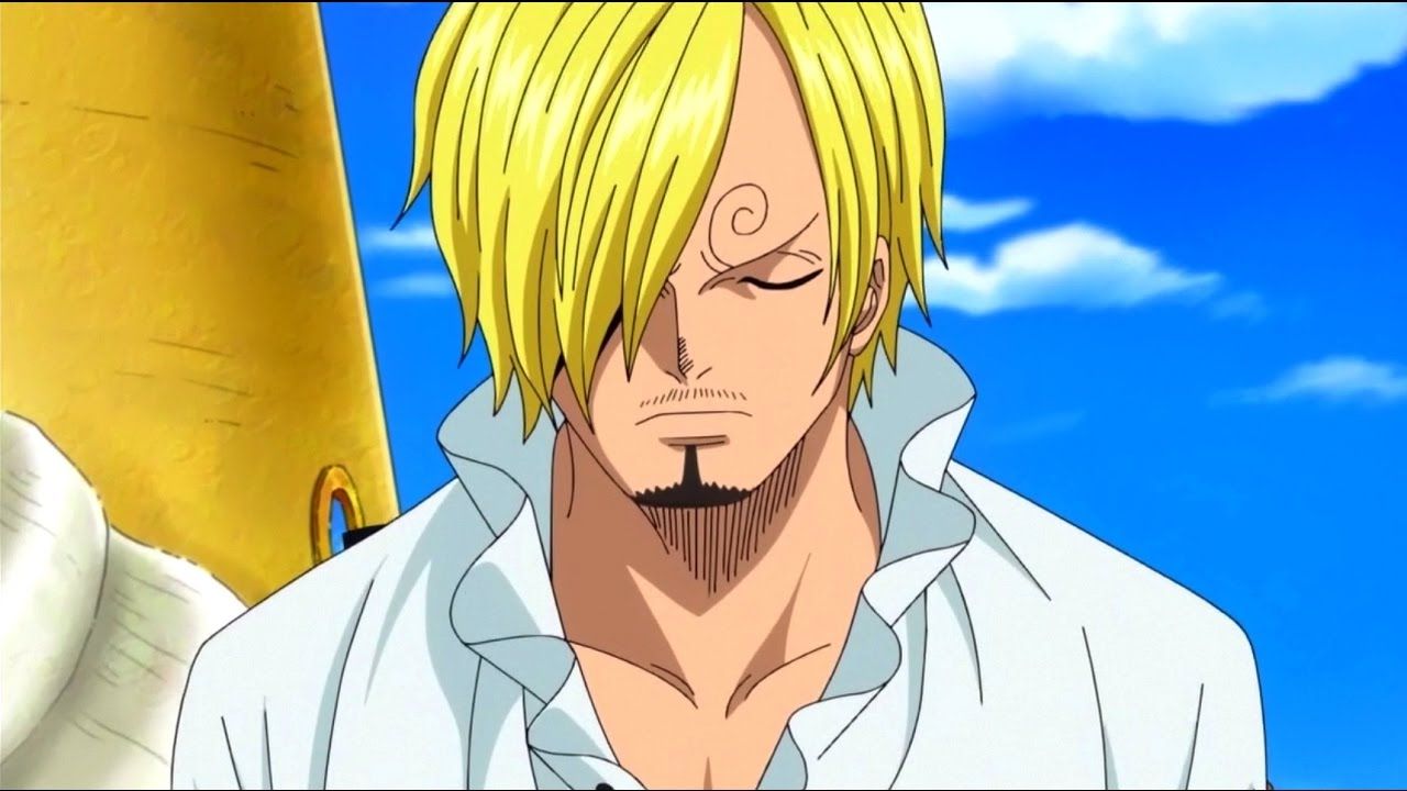 Sanji looking solemnly down with his eyes closed against a blue sky.