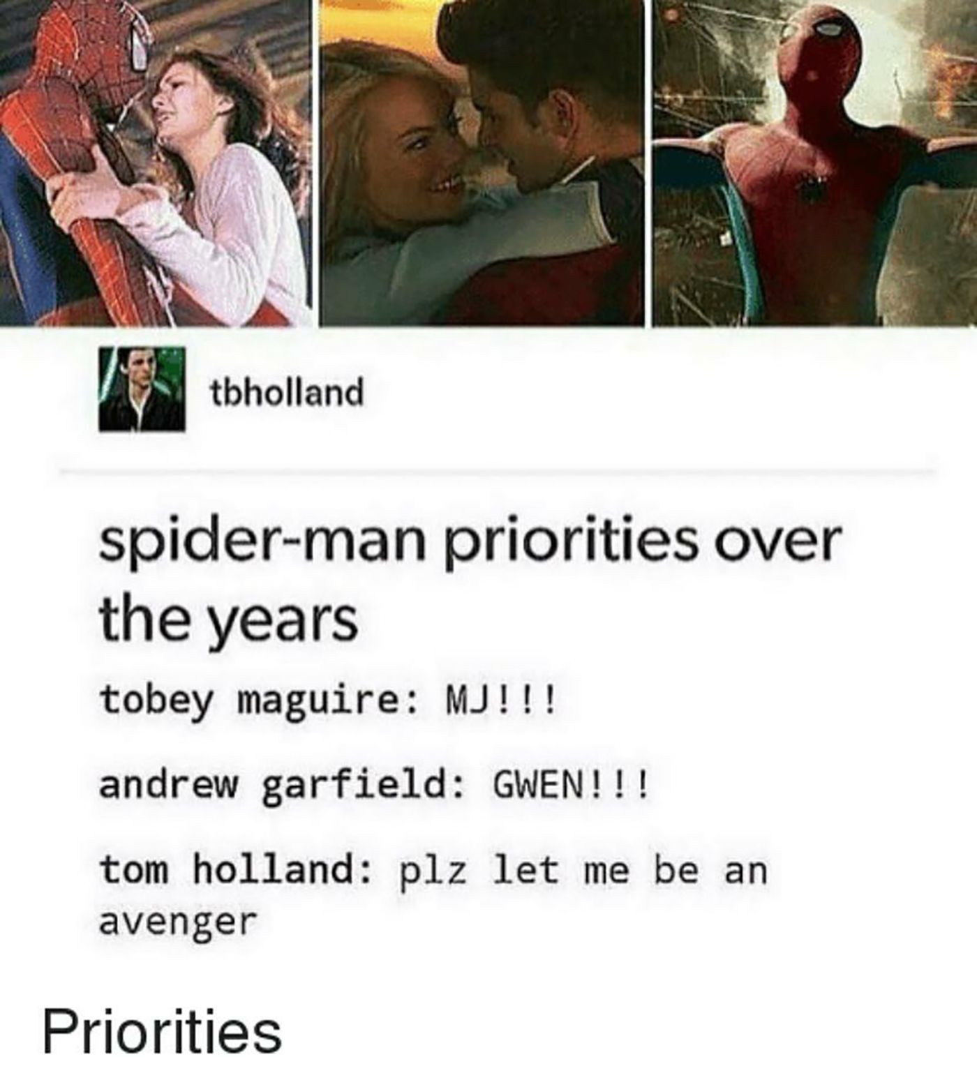 Spider-Man Maguire Garfield Holland Priorities