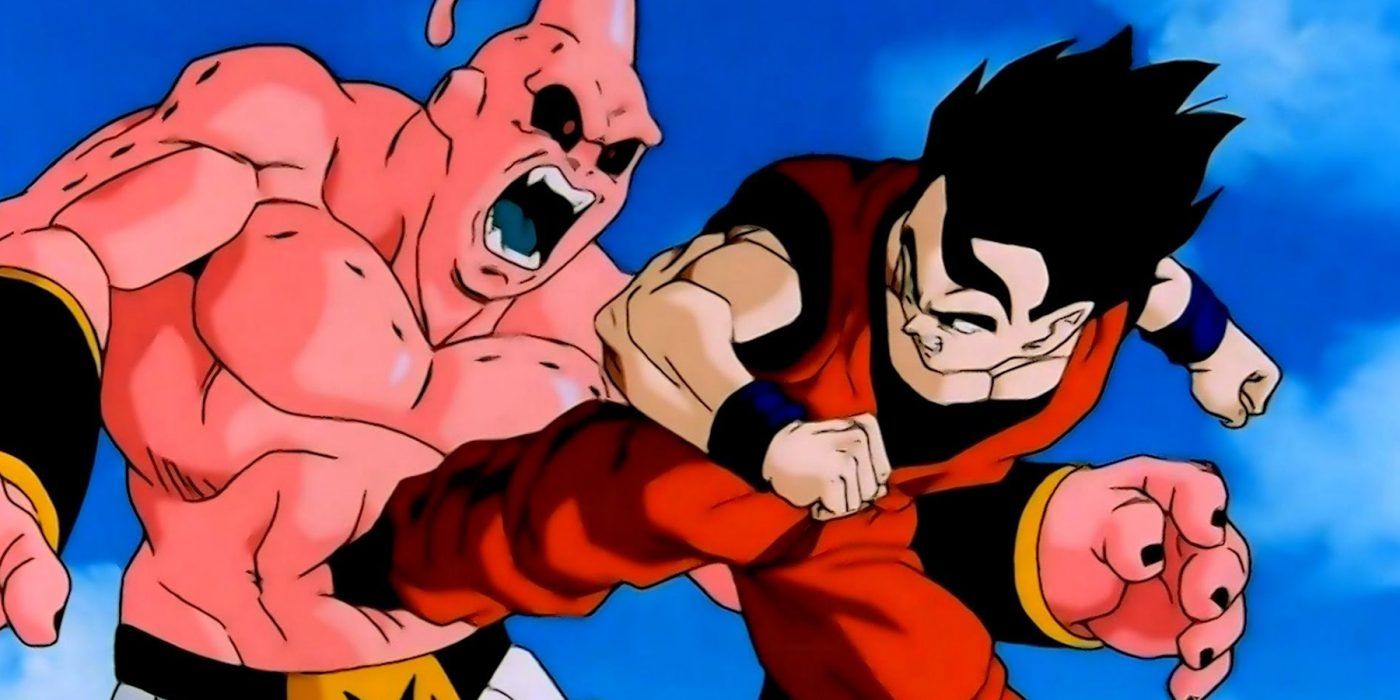 Mystic Gohan kicks Super Buu in his stomach in Dragon Ball Z