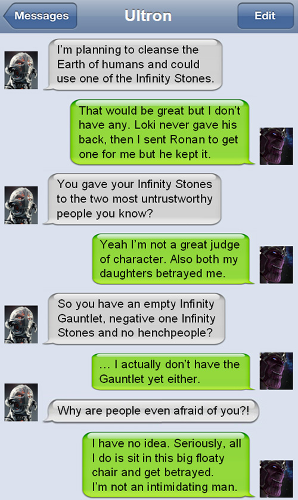 MCU Superhero Texts - Ultron and Thanos - Not Intimidating