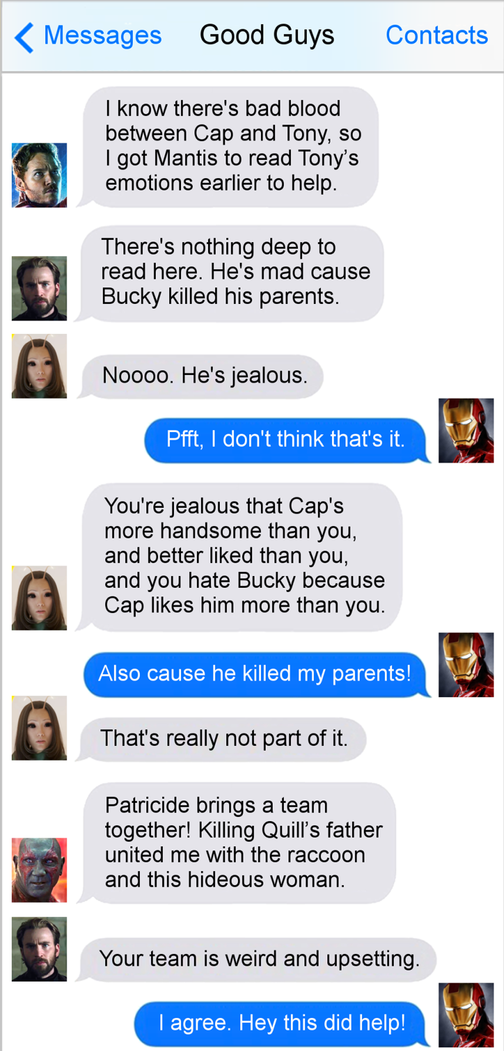 MCU Superhero Texts - Captain America, Iron Man, and the Guardians of the Galaxy - Iron Man is Jealous