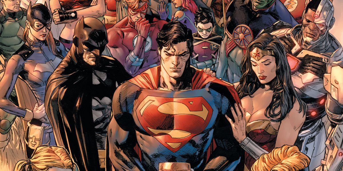 Heroes In Crisis - Batman, Superman, Wonder Woman, and more all looking sad while mourning.