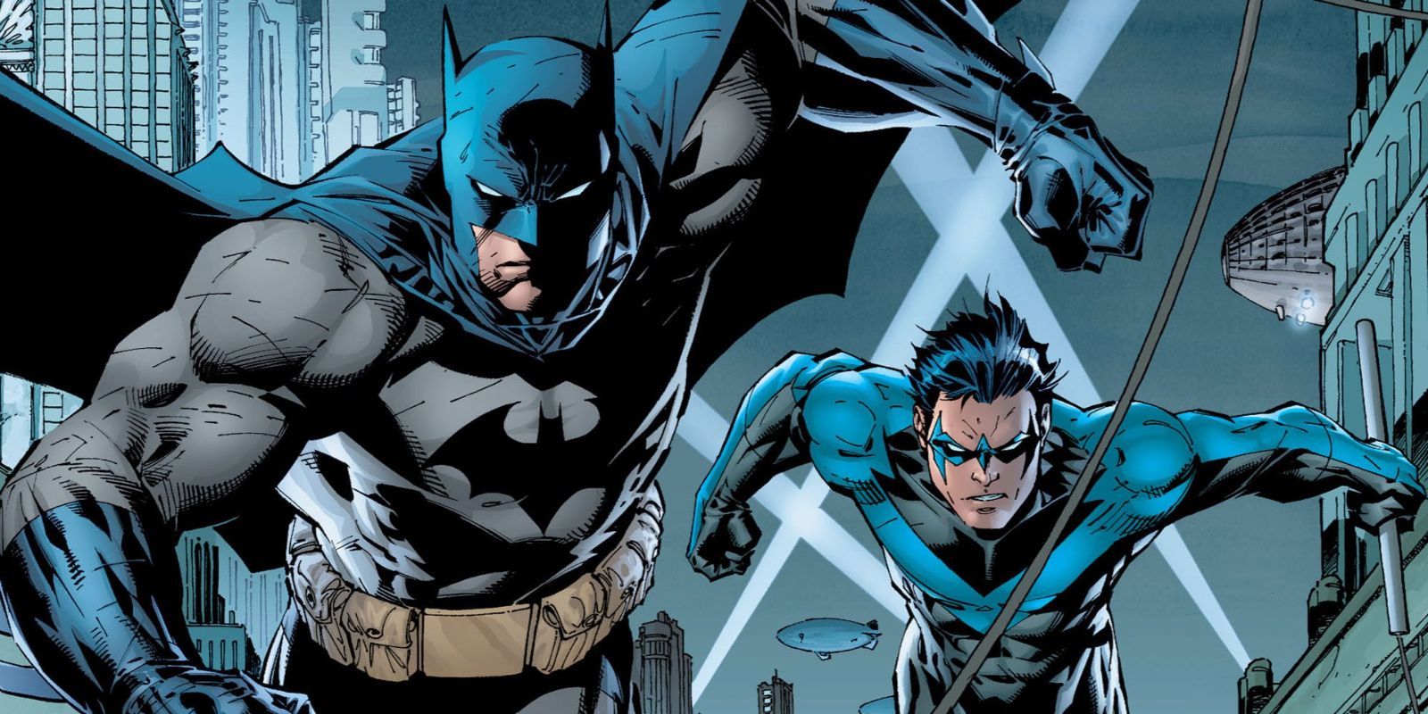 Jim Lee's art depicts Batman and Robin giving chase across Gotham's rooftops.