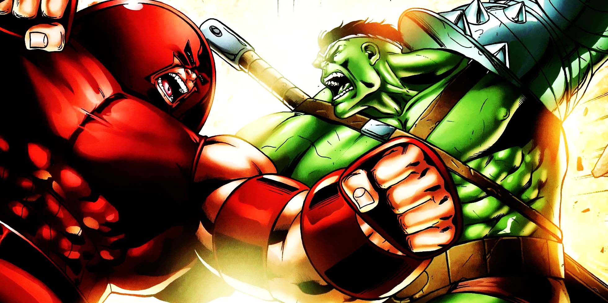 Juggernaut and The Hulk raise their fists to strike each other