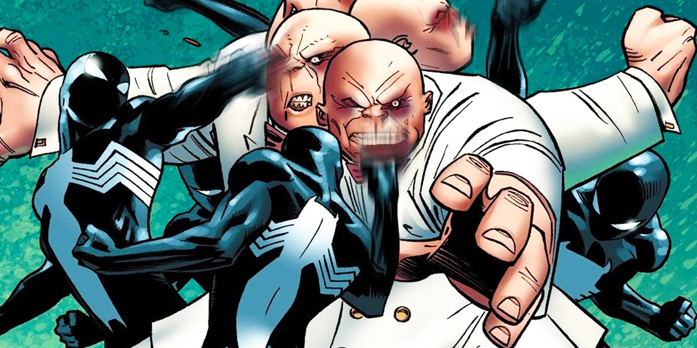 Symbiote suit Spider-Man fighting the Kingpin