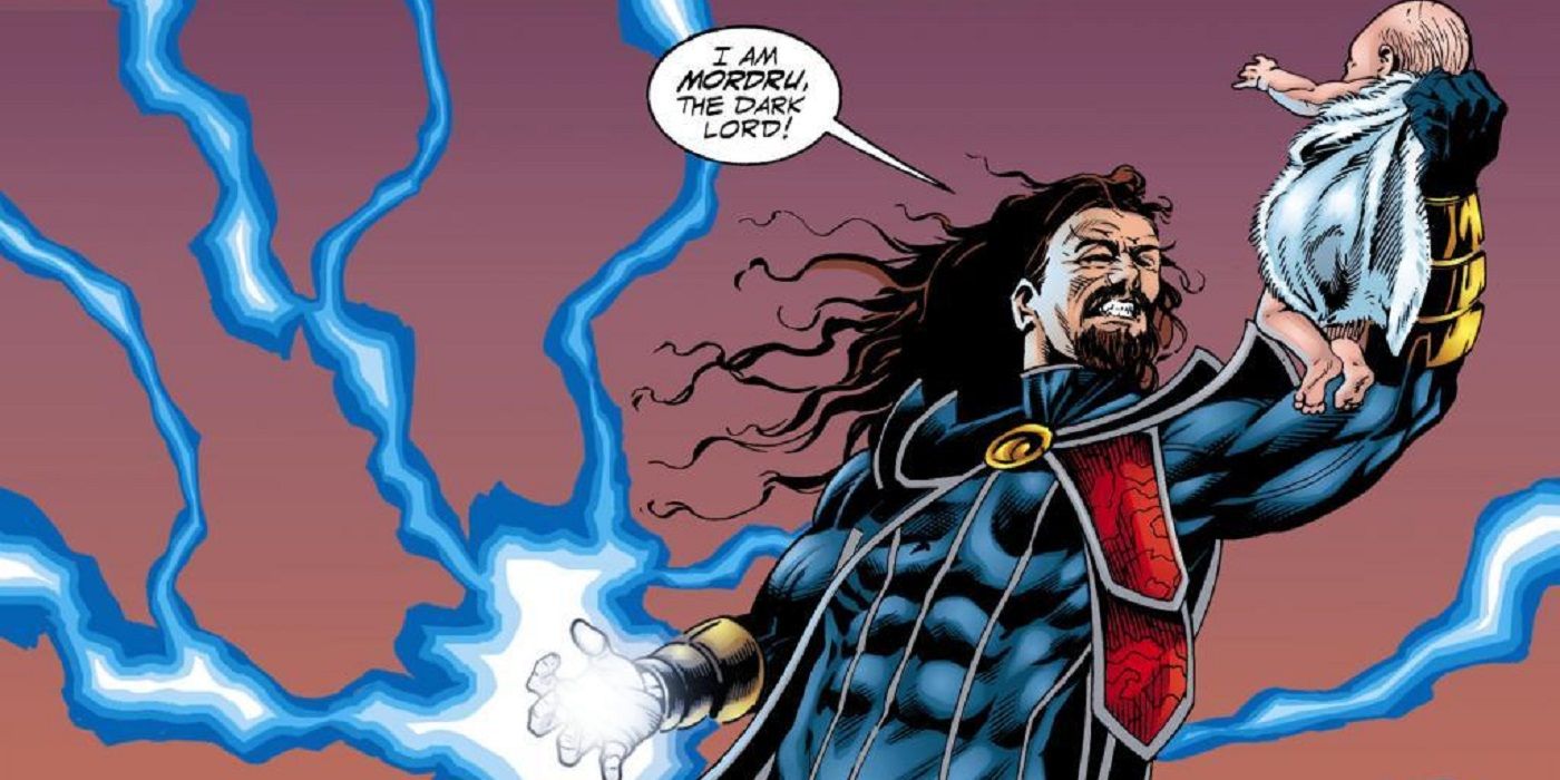 The evil wizard Mordru in DC Comics, threatening a baby