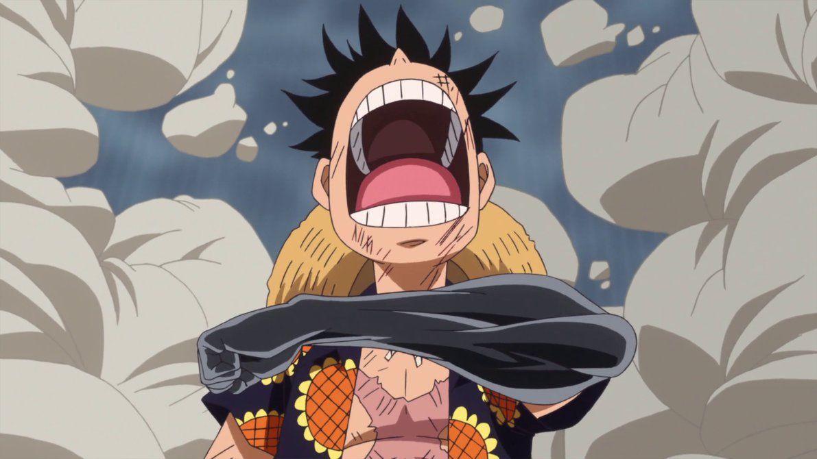 Luffy shouts while using haki on his arm