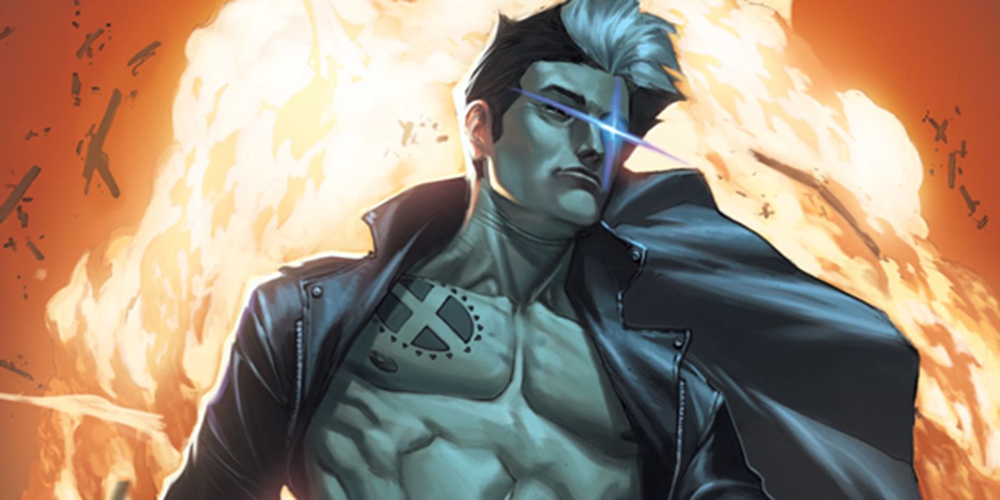 Nate Grey flashing his psionic eye while walking away from an explosion.
