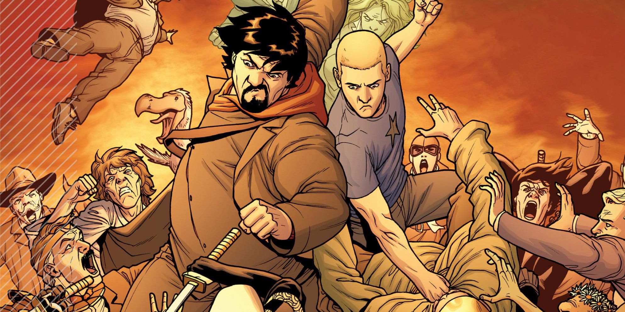 Archer y Armstrong de Valiant luchan juntos contra una horda de gente