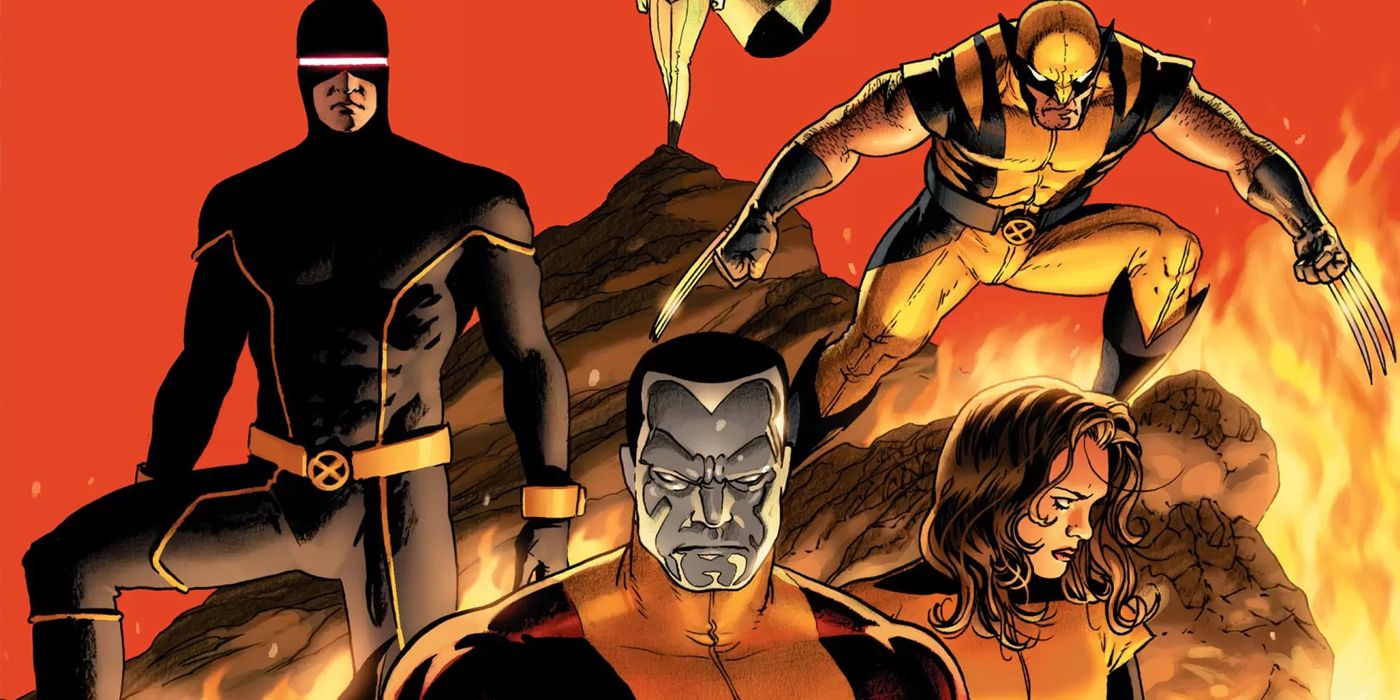 The X-Men pose beside a fire