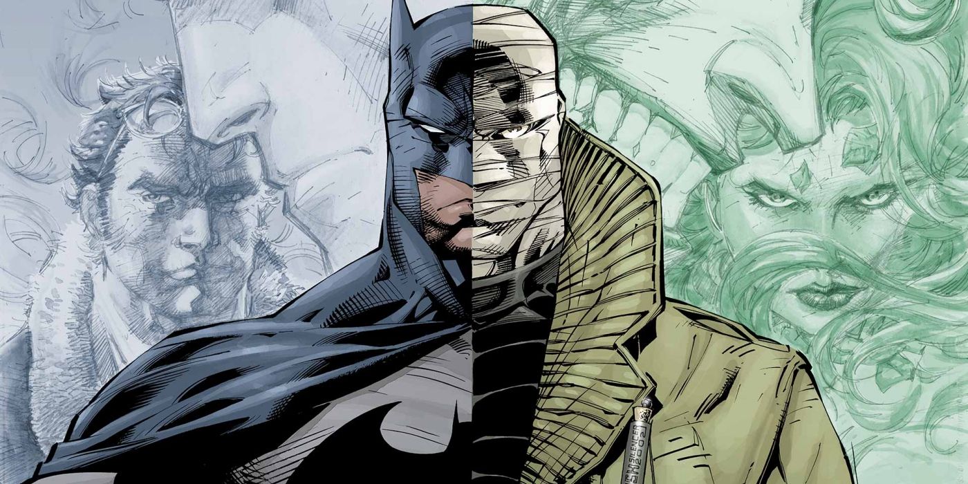 Batman: Hush, split down the middle, with Batman on the left and Hush on the right.