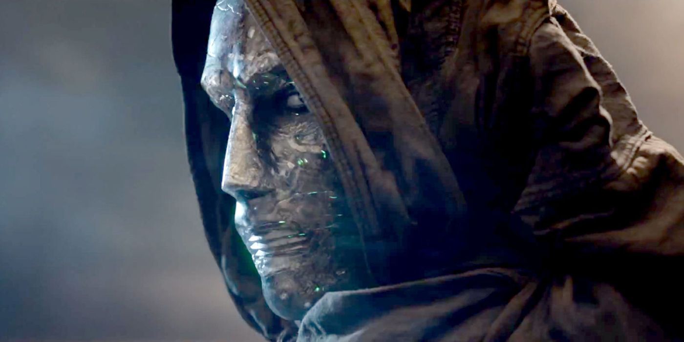 Dr. Doom from 2015's Fantastic Four looking back at the camera.