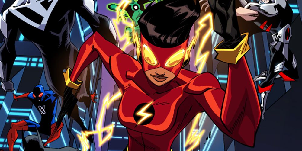 Danica Williams as The Flash running with Justice League Beyond in the background