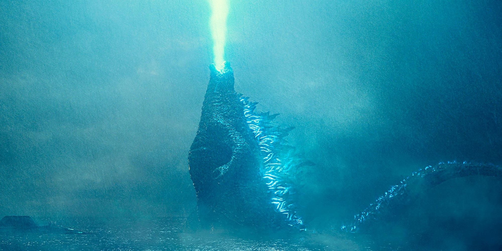 Godzilla blasts his laser beam into the sky in Godzilla: King of the Monsters