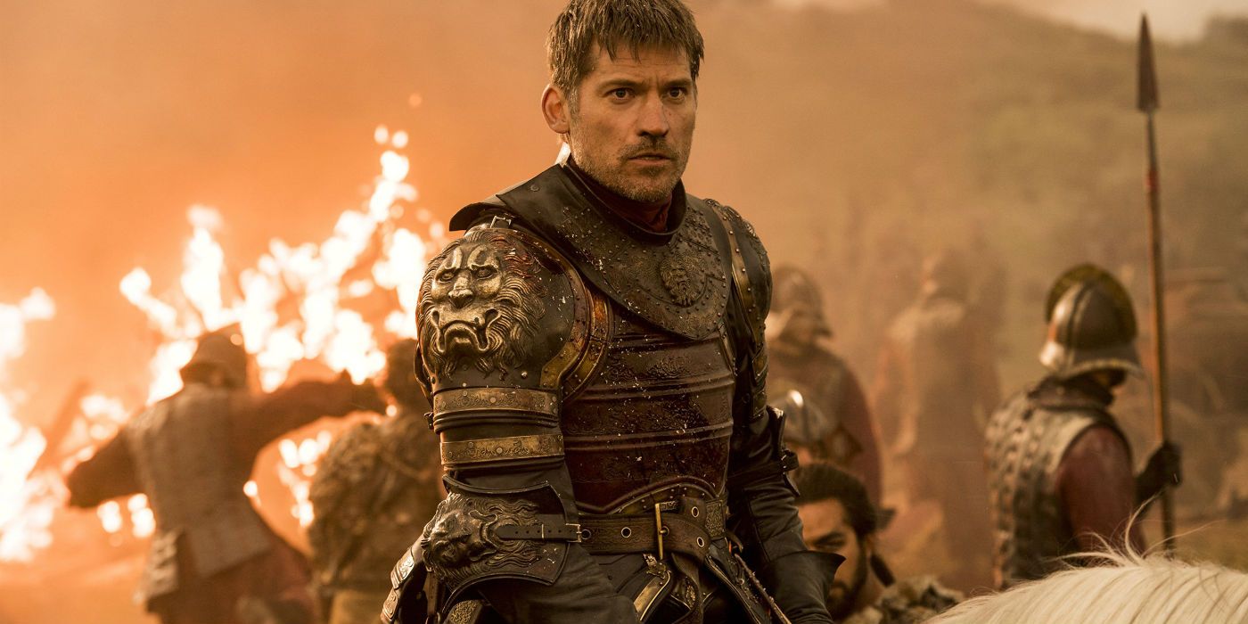 Jaime Lannister sitting horseback on a battlefield in Game of Thrones