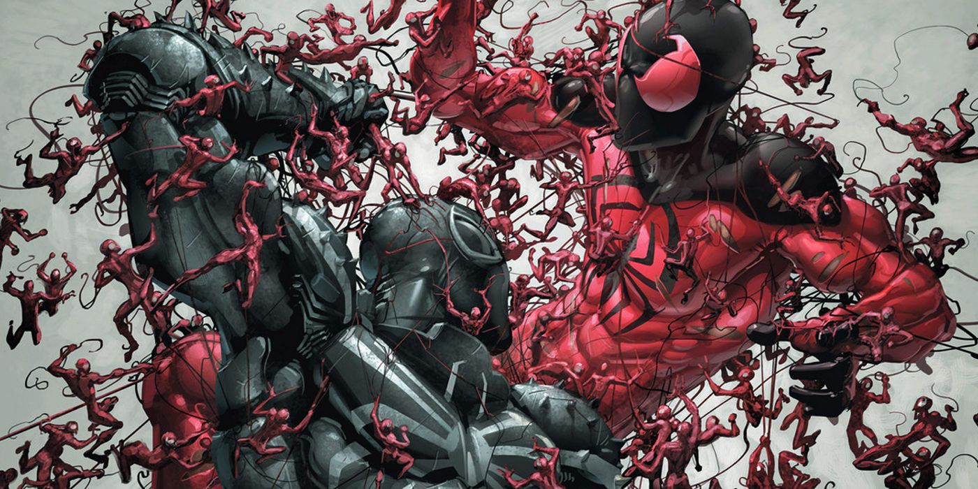 Agent Venom and Scarlet Spider fighting miniature cloned symbiotes in the Minimum Carnage event