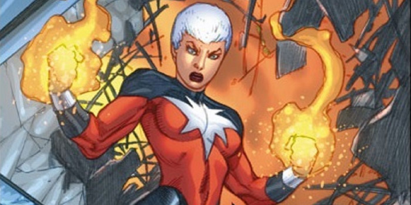 Phyla-Vell as Captain Marvel with energy on her hands in Marvel Comics.