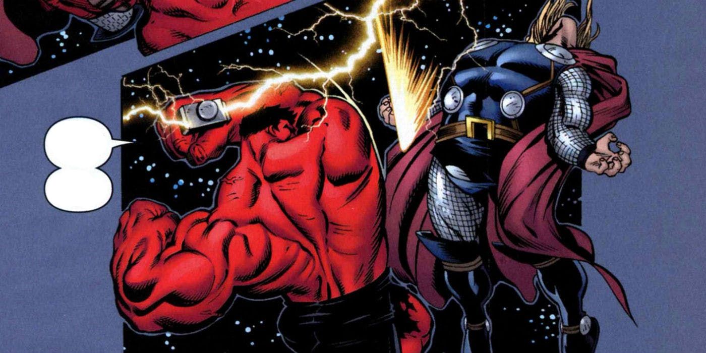 an image depicting the red hulk knocking out thor