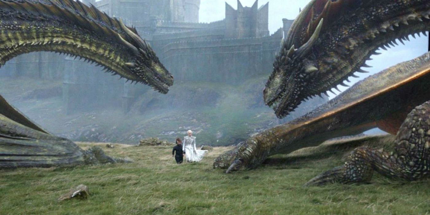 Daenerys and Tyrion walk near Rhaegal and Viserion in Game of Thrones