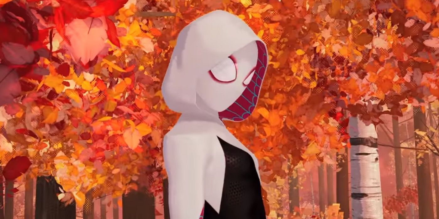 Animated Spider-Gwen in her white and black costume in Into the Spider-Verse
