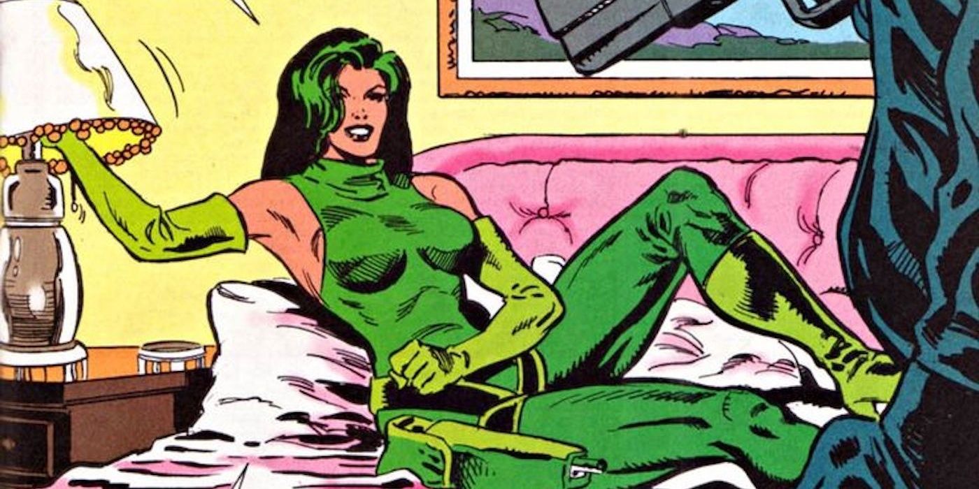 An image of Viper from Marvel Comics, reaching across a bed to turn on a lamp
