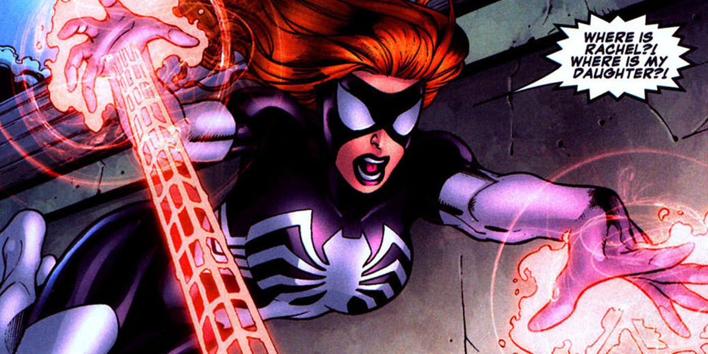Arachne uses her hand blaster in Spider-Man comic