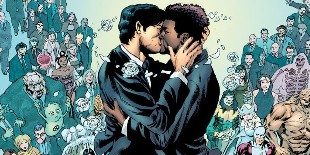 Northstar and Kyle Jinadu kiss at their wedding.