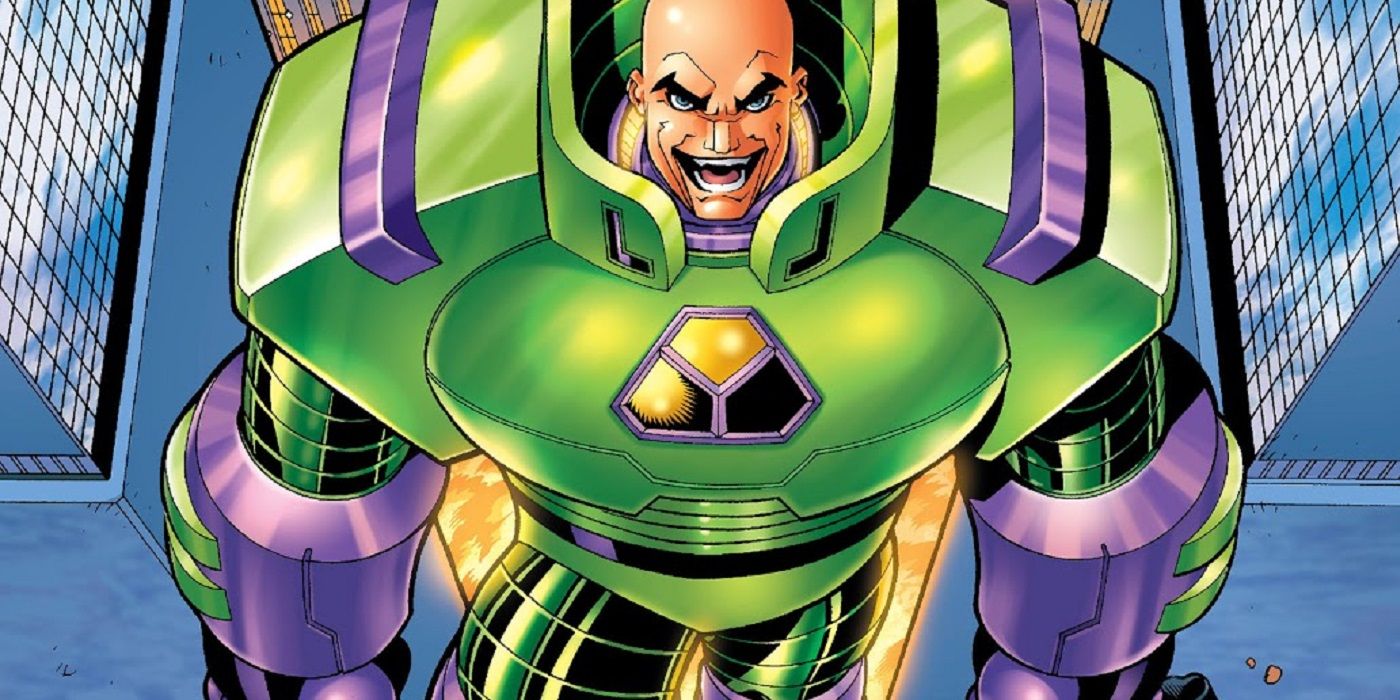 Lex Luthor laughs while wearing his green and purple battle suit in DC Comics
