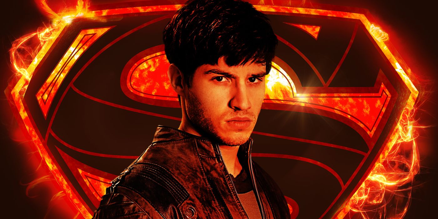 Seyg-eil from the show Krypton, standing in front of a flaming Superman logo