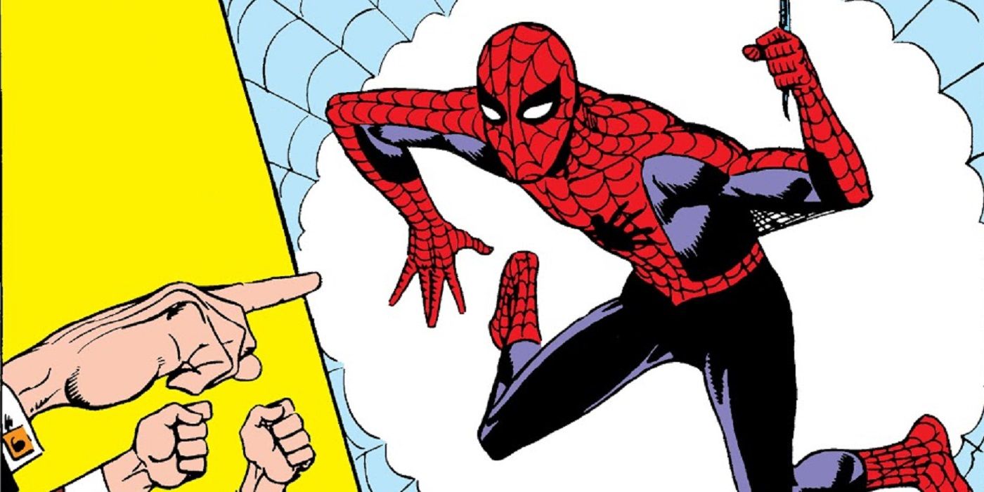 Hands pointing at Spider-Man in classic Steve Ditko comic art.