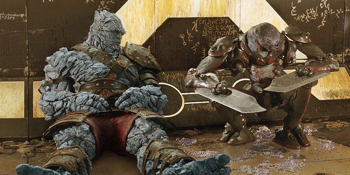 Korg &amp; Miek talking with one another Thor Ragnarok