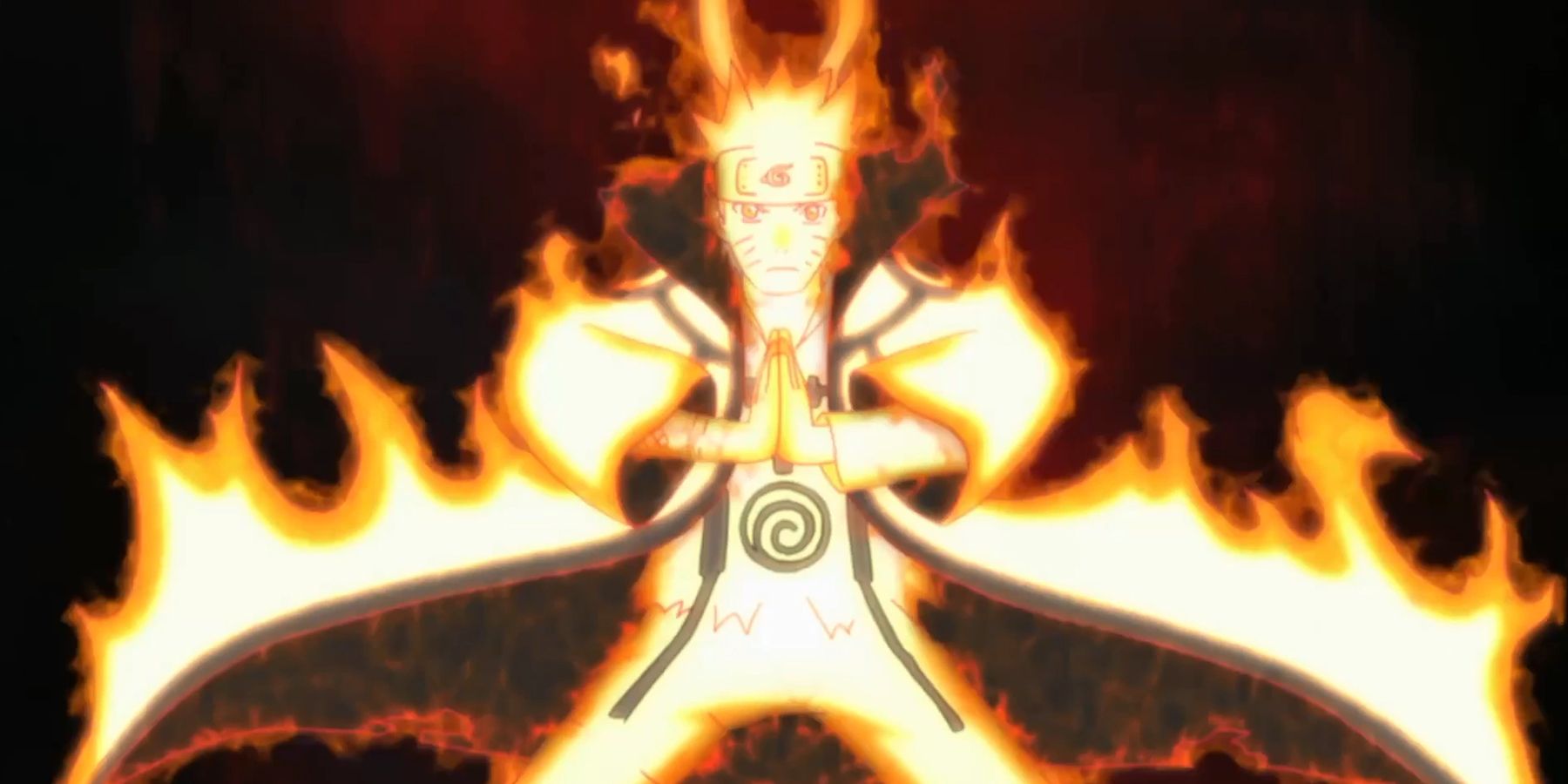 Naruto holds his palms together and enters the Kurama Chakra Mode