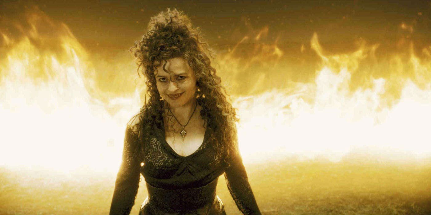 Bellatrix Lestrange smiling among flames in Harry Potter and the Half-Blood Prince