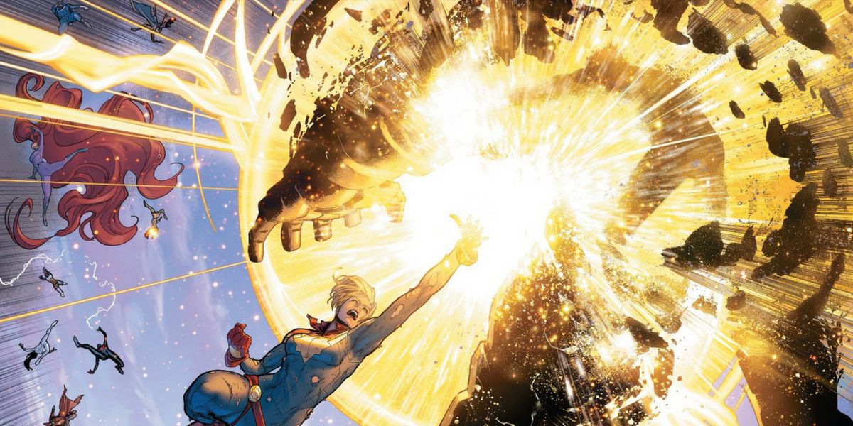 Captain Marvel delivering a killing blow to Iron Man during Civil War II