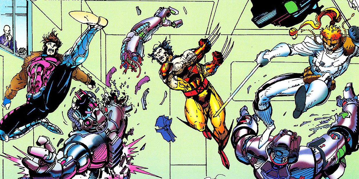Wolverine and Gambit training in the X-Men's Danger Room in Marvel Comics.
