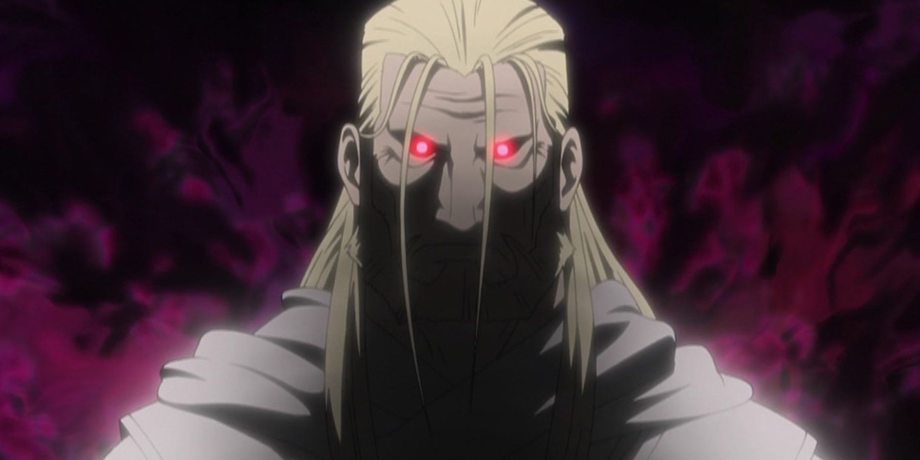 Father from Fullmetal Alchemist: Brotherhood with his face in shadow and eyes glowing red