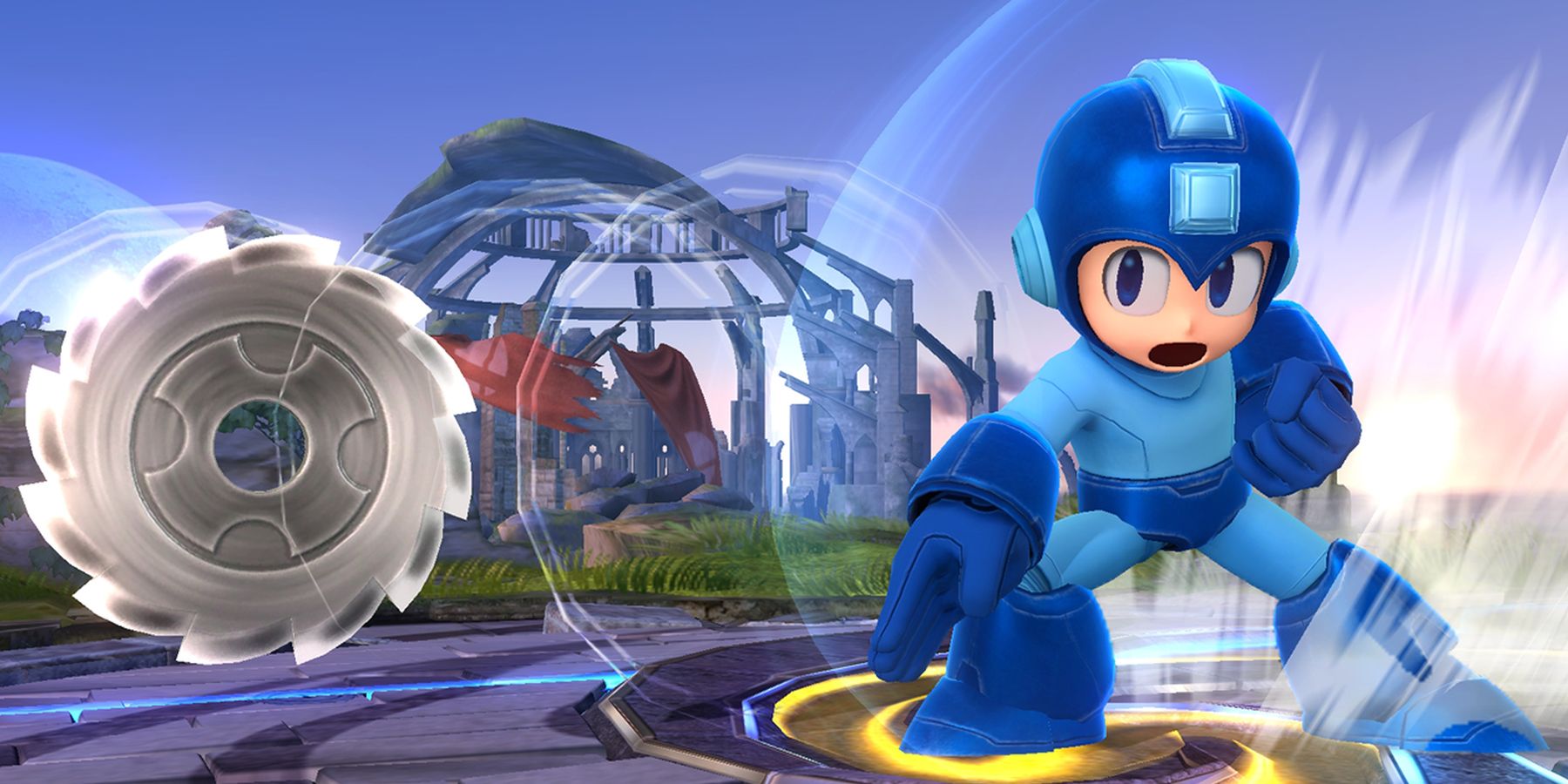 Mega Man throwing a metal saw blade in Super Smash Bros.