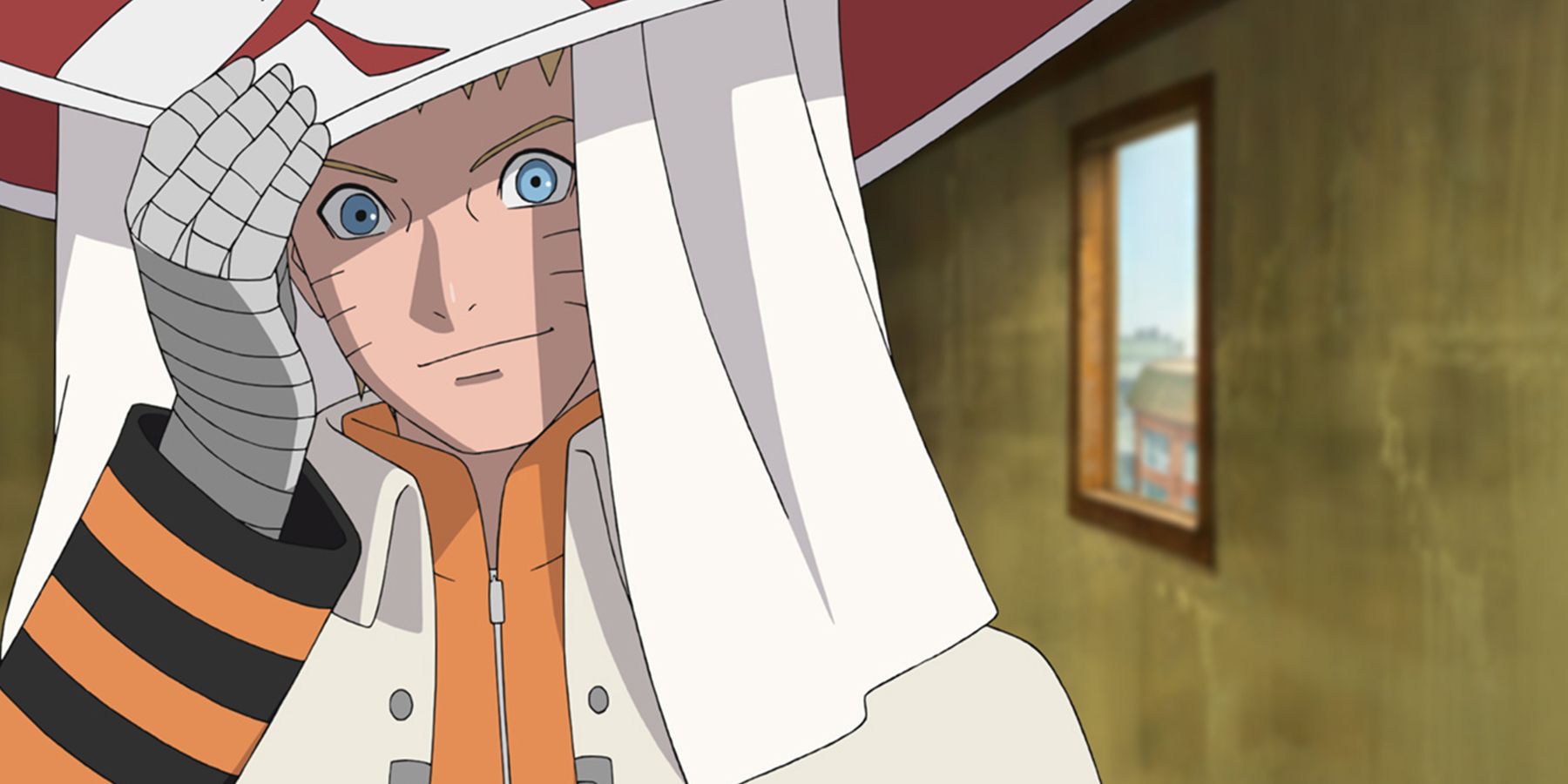Naruto Uzumaki looking out from under his Hokage hat with a smile