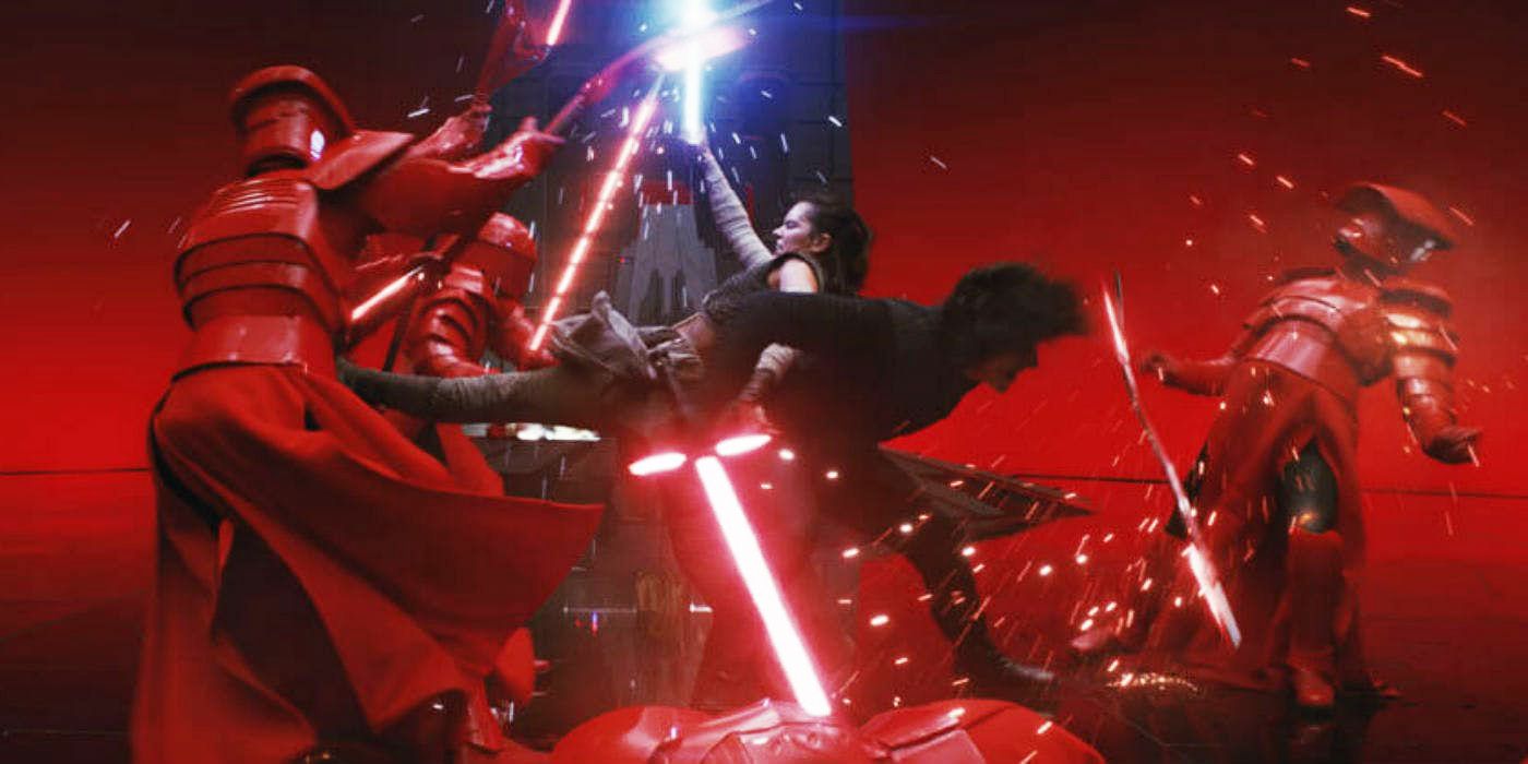 Rey and Kylo Ren fighting Imperial Elite in The Last Jedi