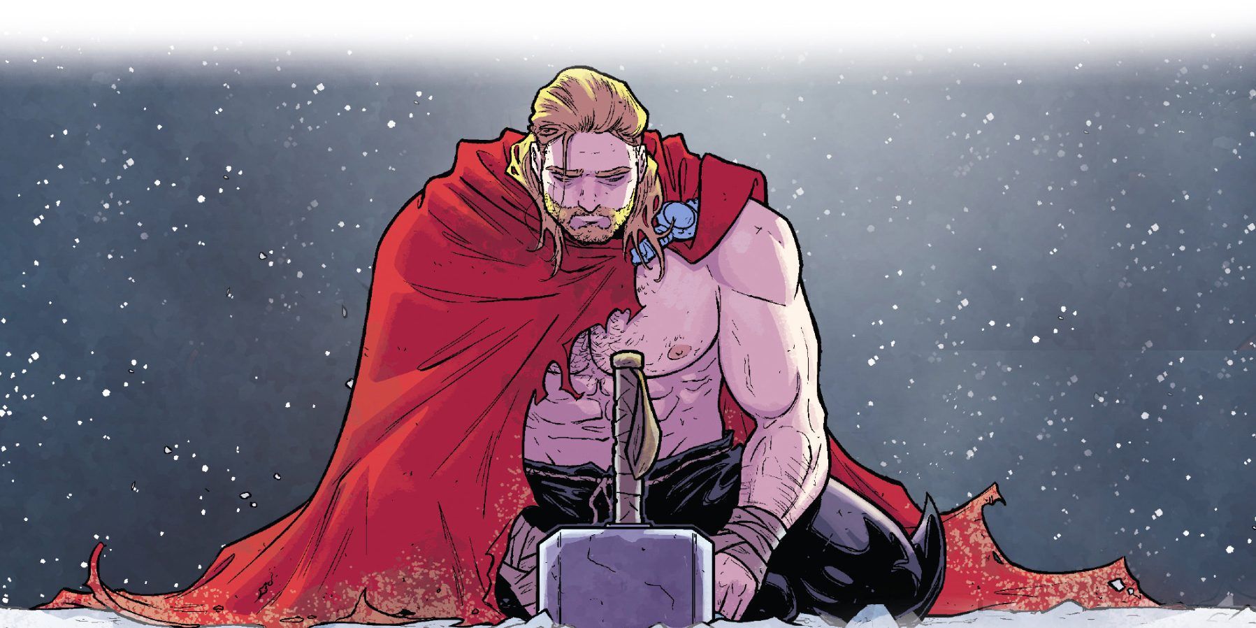 Unworthy Thor kneels by his hammer with a morose expression