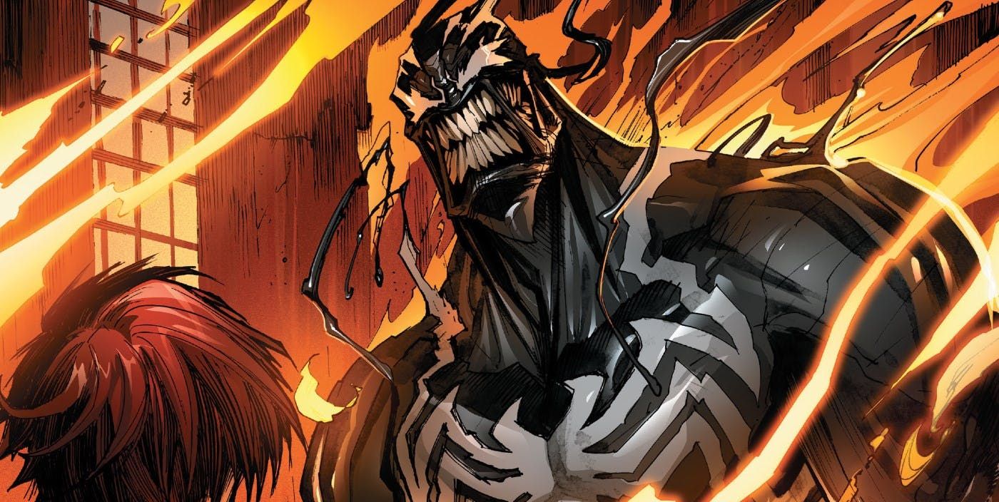 Venom surrounded by flames in Marvel Comics