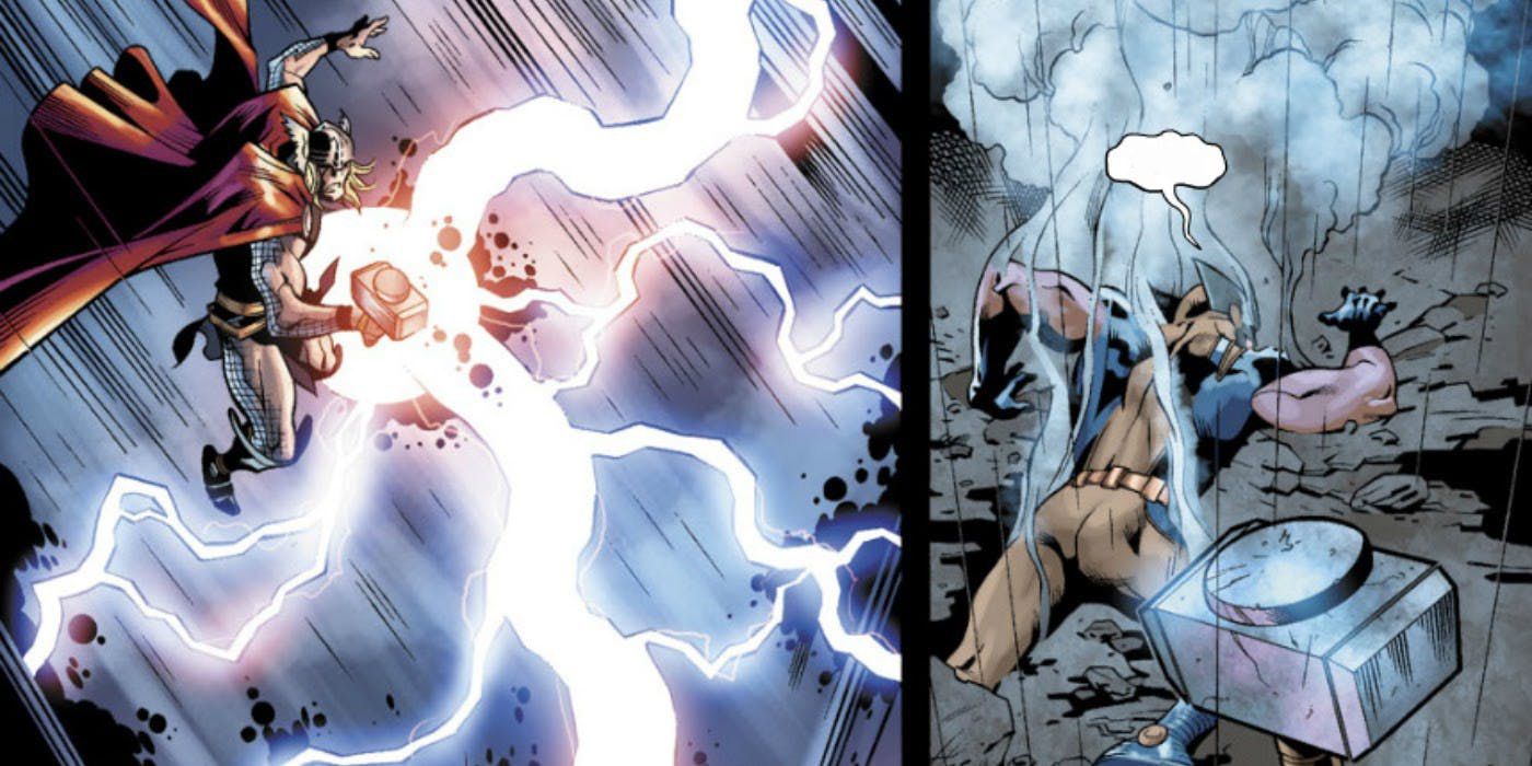 Thor blasts Wolverine with a lightning bolt in Marvel Comics