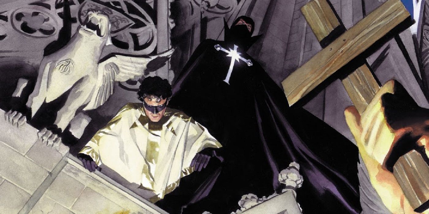 Confessor and Altar Boy, looking down from the top of a church, in Astro City comics