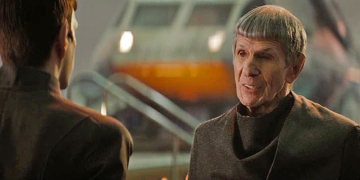 Leonard Nimoy in Star Trek Into Darkness talking to a younger Spock