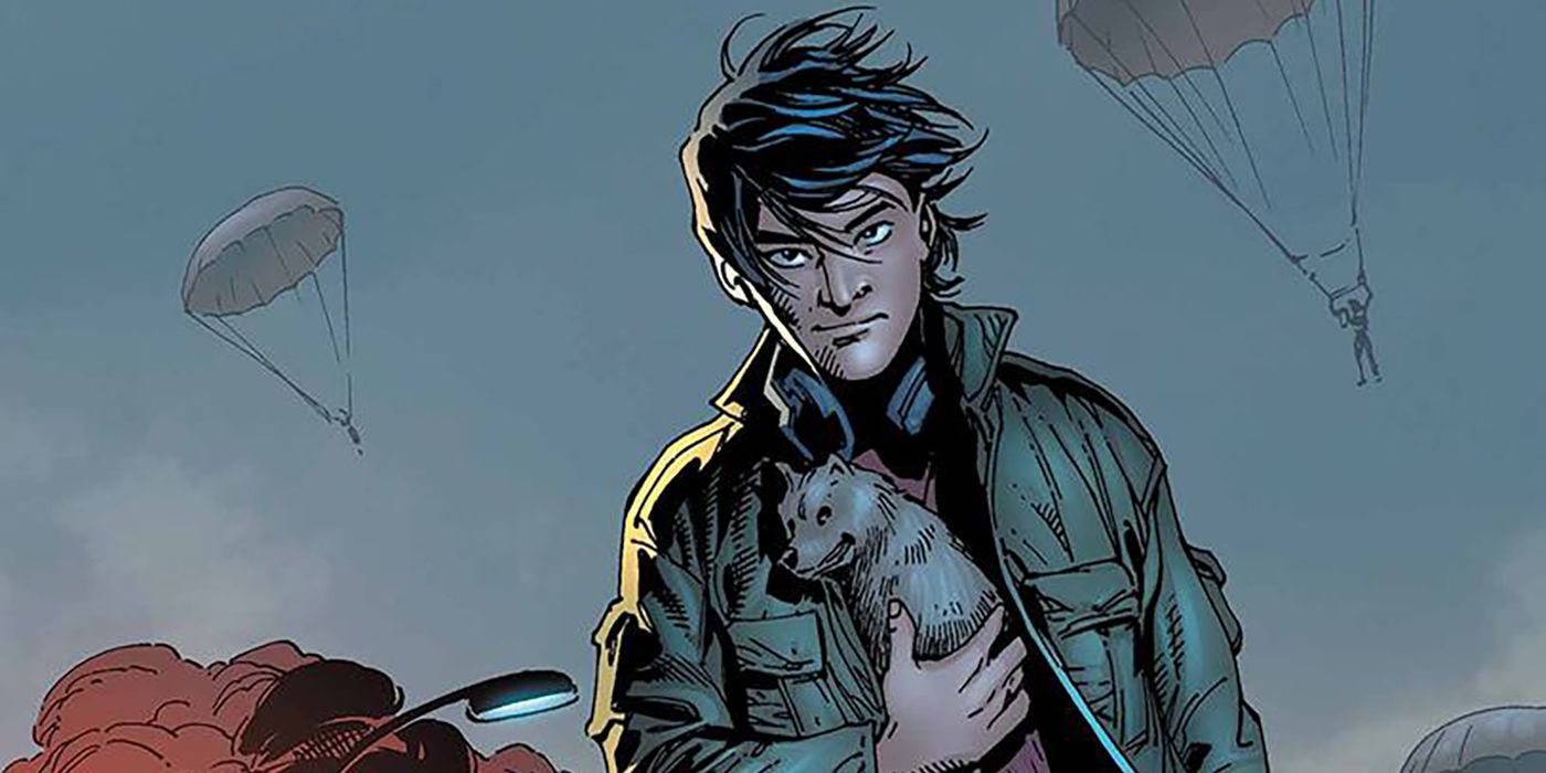 Amadeus Cho holding a dog in Marvel Comics.
