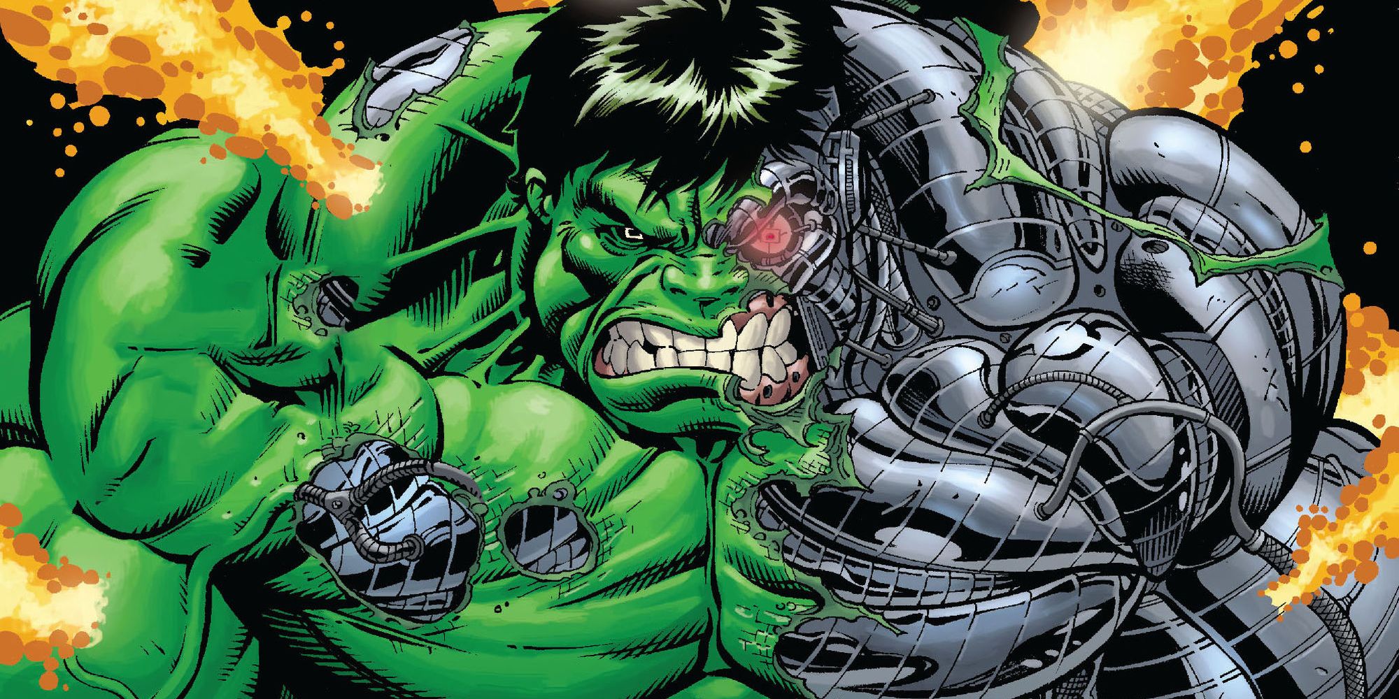 The Cosmic Hulk robot with half the skin missing