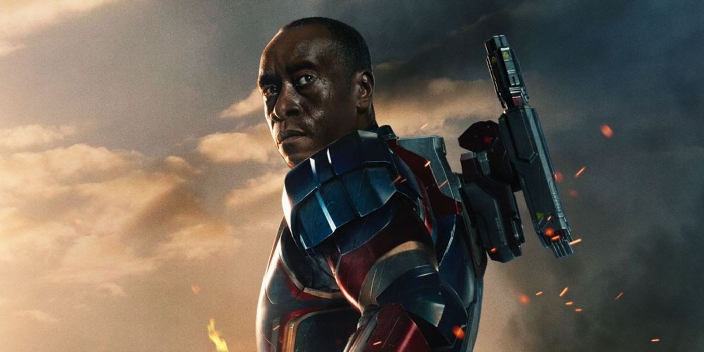 Don Cheadle as War Machine looking over his shoulder in the sky
