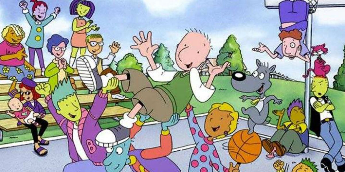 Uma foto de grupo mostra todos os personagens principais do primeiro filme de Doug em uma quadra de basquete.