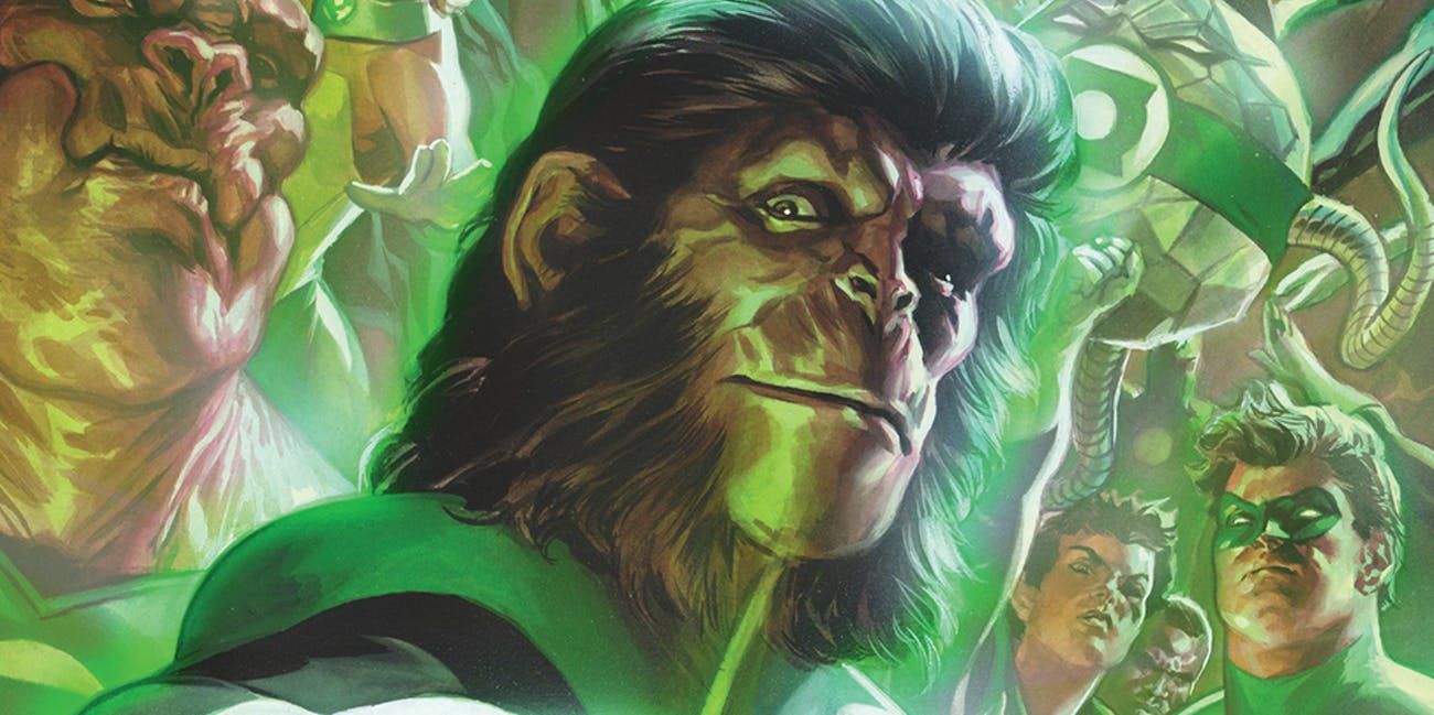 Comic art for the cover of Green Lantern/Planet Of The Apes Crossover